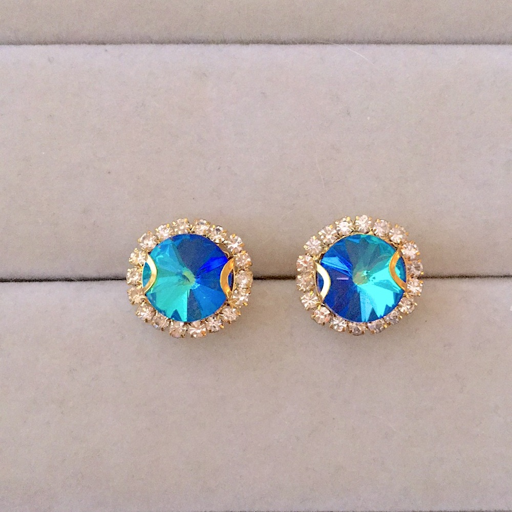 Light Sapphire Aurora Borealis + Gold Rivoli Crystal Halo Earrings - Picture 1 of 11